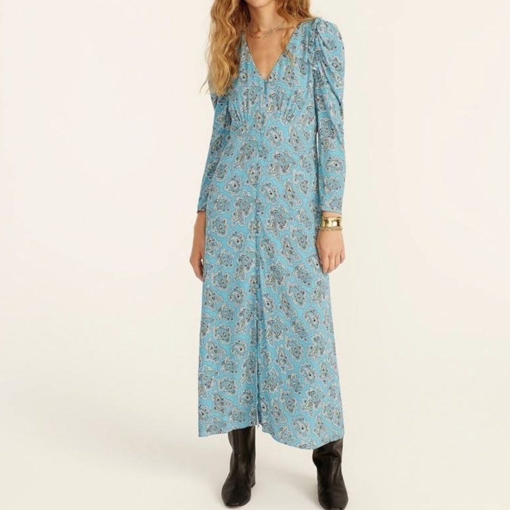 J Crew Drapey Puff Sleeve Dress Womens Size 2 Teal Paisley